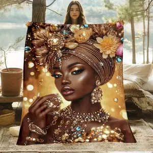 African Queen Jewelry Gold Headdress Fleece Flannel Blanket - Premium Flannel Material Luxury Fashion Portrait Art Print Throw for Women Bedroom Sofa Living Room Office Travel Camping Mother's Day Valentine's Day Birthday Christmas Gift