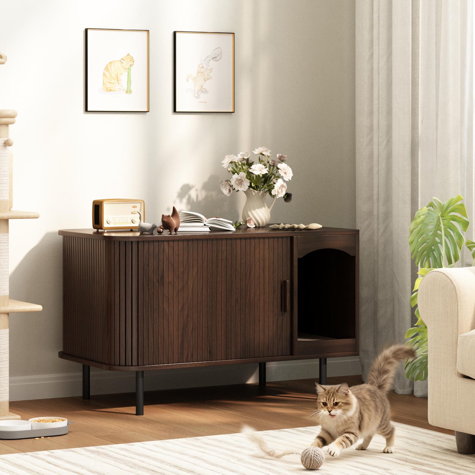 Fluted Hidden Cat Litter Box Enclosure – Modern Wood Furniture with Scratching Pad, Large Indoor Cat House Cabinet Side/End Table for Living Room & Entryway Fluted Hidden Cat Litter Box Enclosure – Modern Wood Furniture with Scratching Pad, Large Indoor Cat House Cabinet Side/End Table for Living Room & Entryway