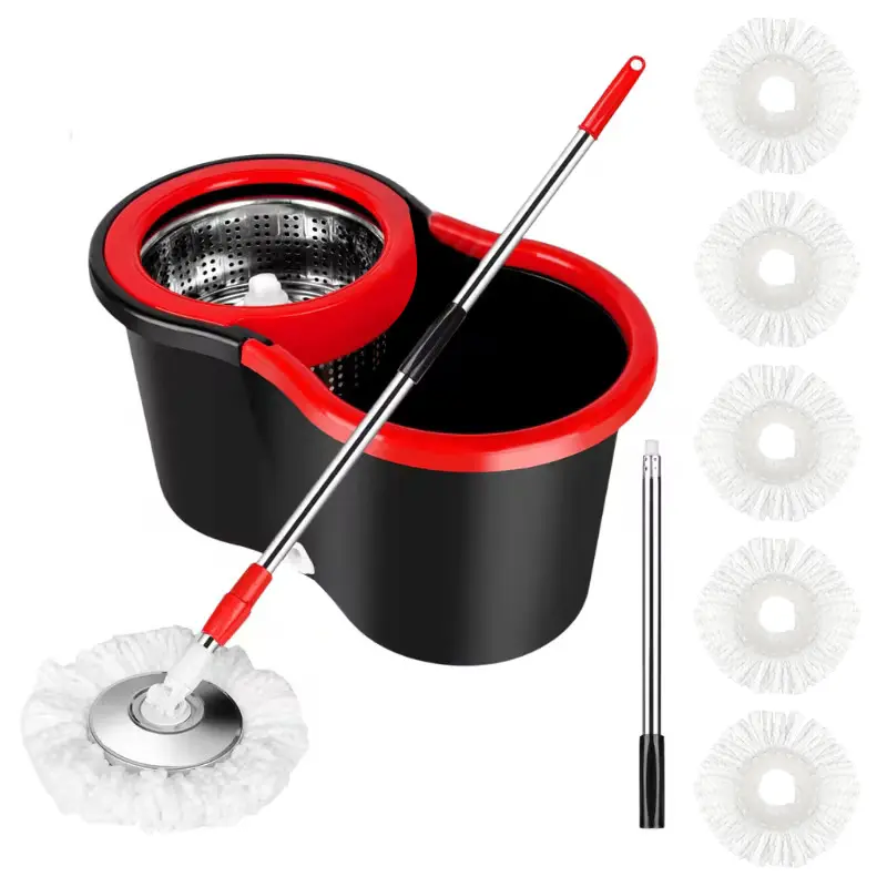 Mop and Bucket Set, 360° Spin Mop and Bucket with Wringer Set and 5 Microfiber Mop Refills, Stainless Steel, Extended Handle Spinning Mop Bucket System for Floor Cleaning