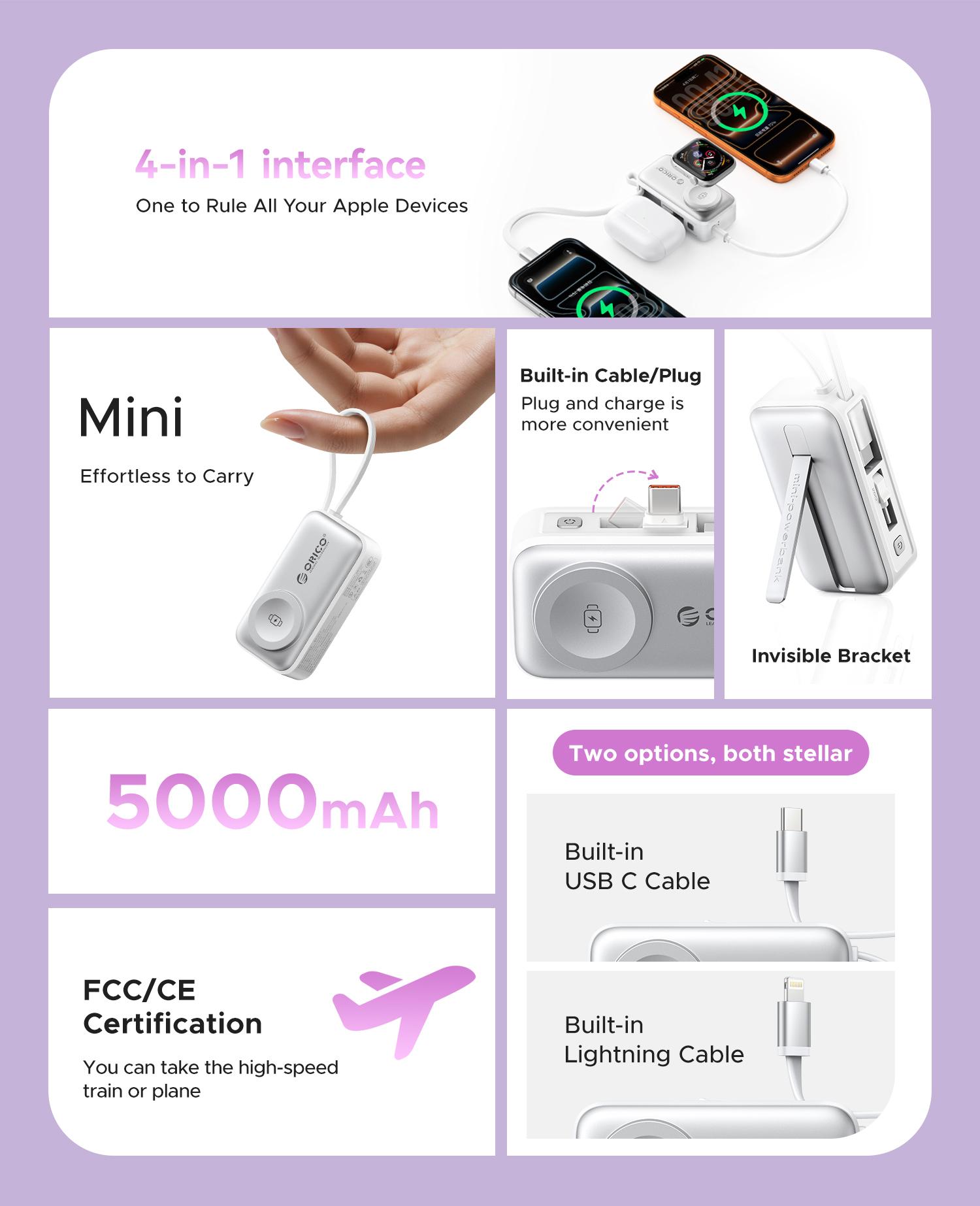 Orico 3-in-1 Portable Power Bank with Integrated Cable, Watch Wireless Charging, and Foldable Wall Plug – Compact Fast-Charge Battery for iPhone & Android - S18