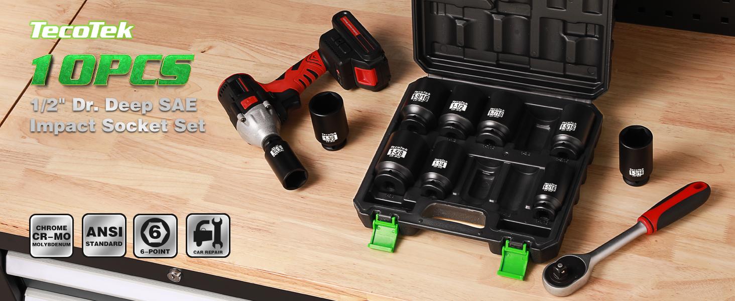 1/2" Drive Deep 6-Point Impact Socket Set, 10-Piece Deep SAE Spindle Axle Nut Impact Socket Set, Cr-Mo, 1-1/16-Inch to 1-5/8-Inch Size, Enhanced Storage Case