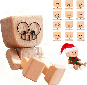 Shaking Wooden Man Figurine Feet Wooden Doll with 12 Magnetic Expressions, Funny Handmade Shaking Feet Woodens Doll Car Dashboard Accessories and Desk Decorations