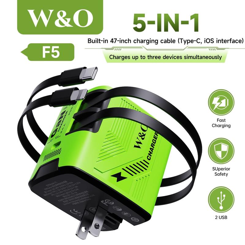W&O 4-in-1 Portable GaN Fast Charger  Compatible with 120W Fast Chargeing with Retractable Cable USB-C & Lightning Usb Connector iphone 16 plus cases smart watch iphone 15 pro max earbuds portable charger chargers android phones power bank power bank