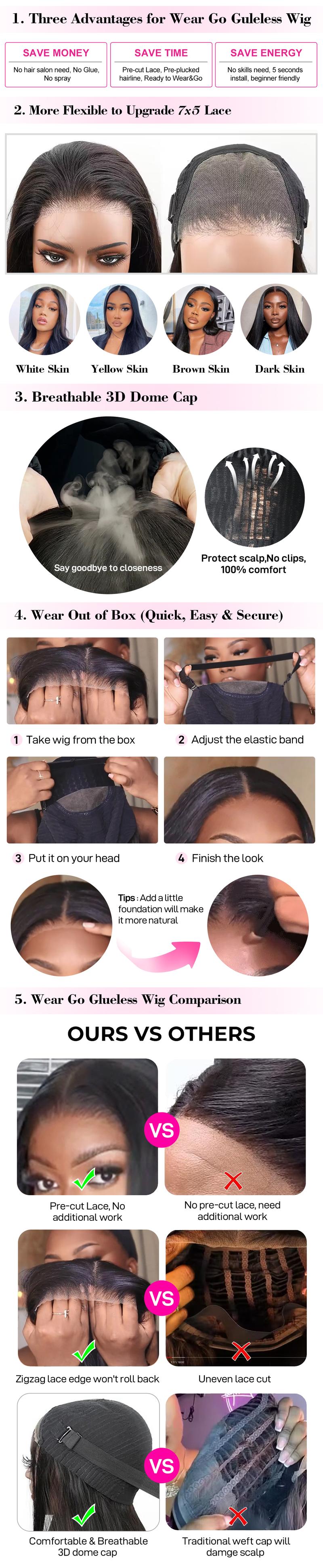 FORGIRL FOREVER Wear And Go Glueless Wig Drawstring Wear Go Half Wig 7x5 Pre Cut Bleached Knots Afro Kinky Curly Wig Lace Front Human Hair Wigs