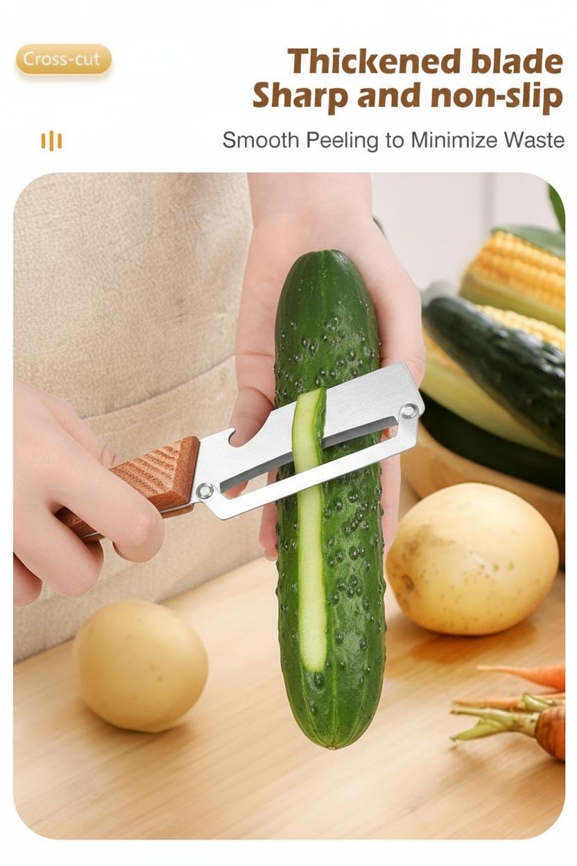 2PCS 2-in-1 Fruit & Veggie Peeler with Bottle Opener Sharp Stainless Steel Wooden Handle Ergonomic Non-slip Design for Comfortable Grip