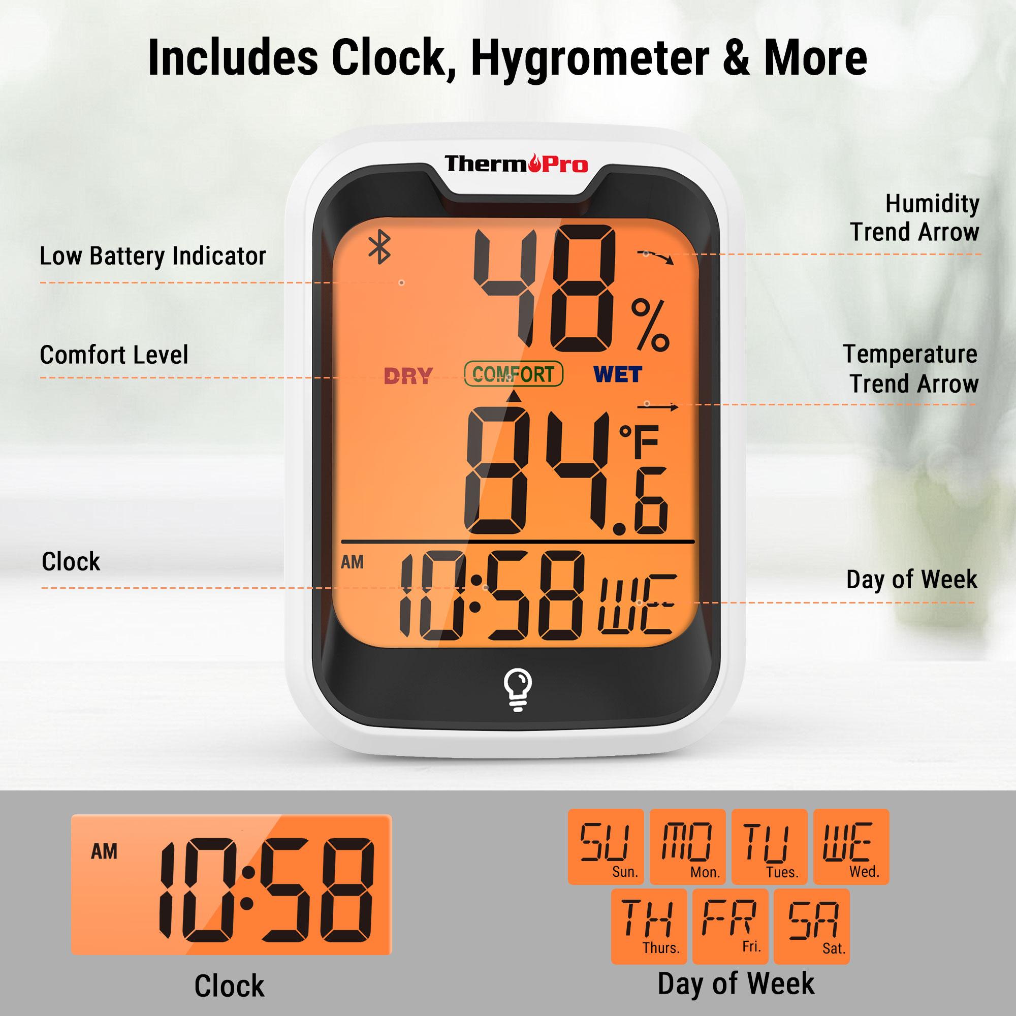 [Specialty Gadgets for home, skin care, fridge, etc] ThermoPro Bluetooth Hygrometer Thermometer, Guide for Temperature and Humidity, App Control to Monitor Skin Care Environment, with Built-in Clock,  Backlit, 260Ft  Range with Data Storage Export