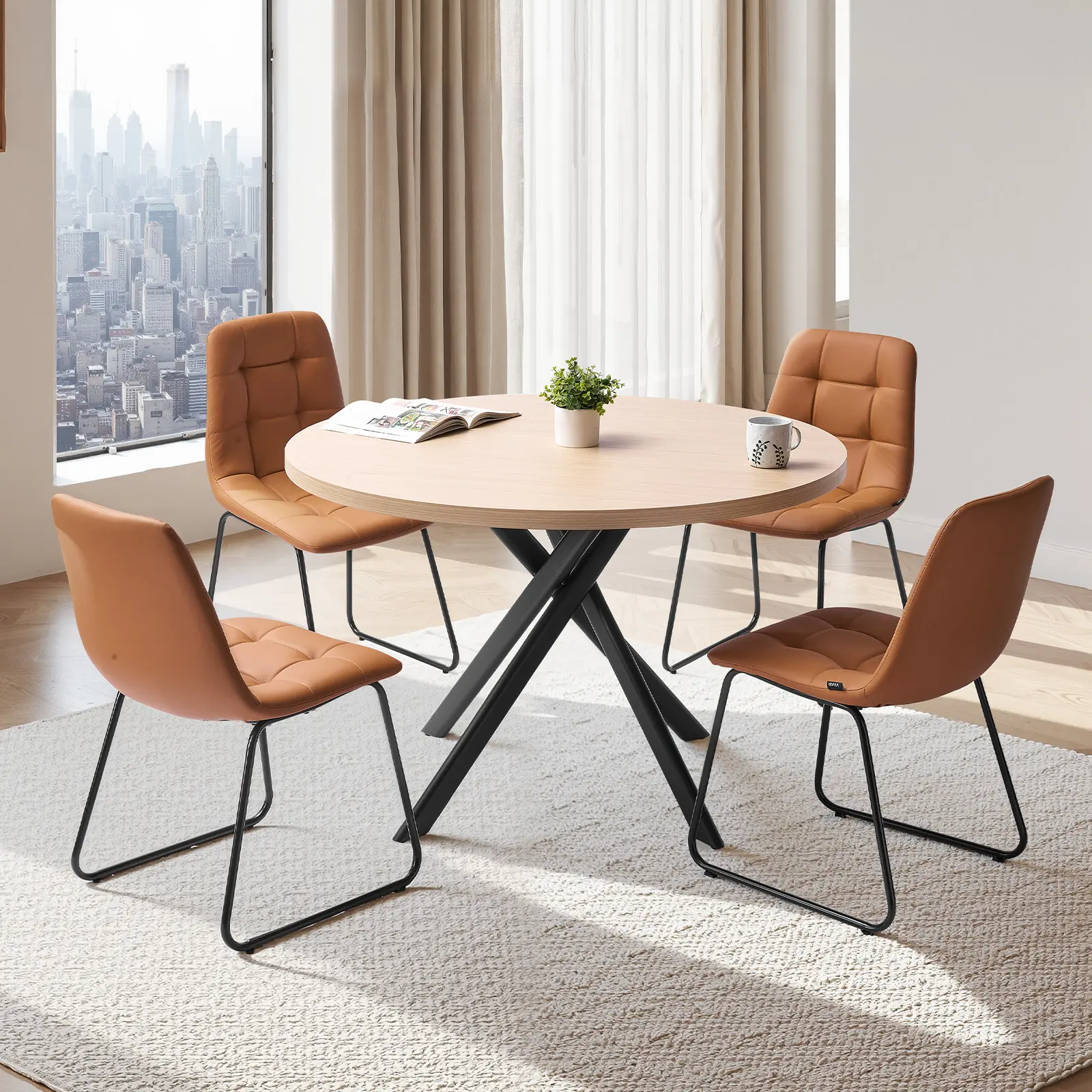 VEVOR 5-Piece Dining Table Set – Round Space-Saving Kitchen Table with 4 Upholstered Orange Chairs, PU Leather Cushions, Modern Wood-Tone Desk, Adjustable Feet Pads for Dining Room, Small Spaces, Four Chairs#BacktoSchool