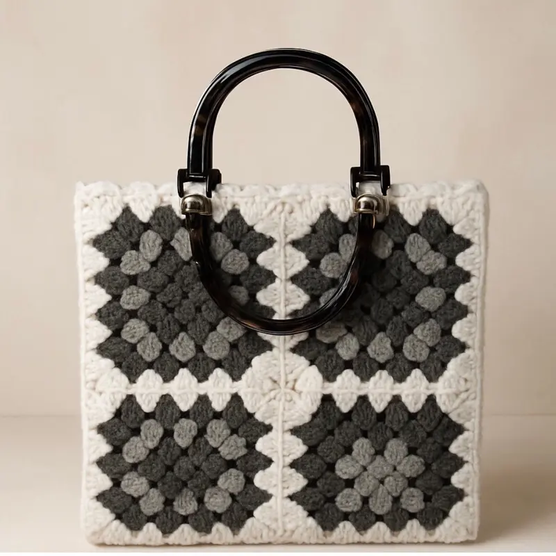 Black & White Crochet Handbag with Geometric Pattern and Durable Handle for Everyday Use