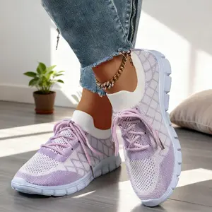 Women’s Plus Size Flyknit Walking Shoes – Breathable Geometric Color-Block Sneakers, Lightweight Lace-Up Casual Sports Shoes with Flexible Arch Support Sole