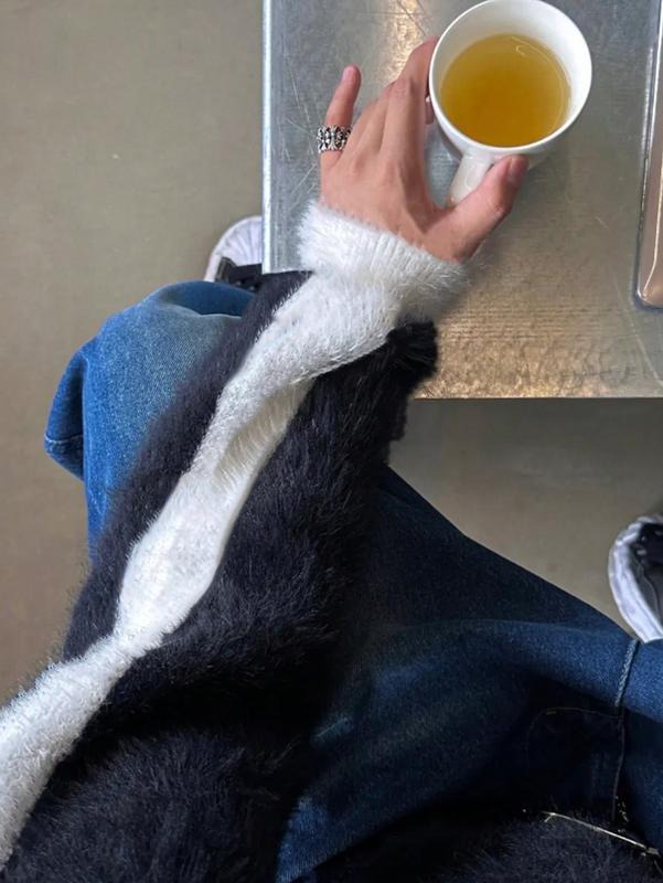 Sweaters for men - Men Loose Fit Contrast Knit Sweater Long Sleeve Crewneck for Fall Winter vacation clothes t shirts for men vintage clothing winter outfits y2k clothing sweater male clothes vacation outfit going out outfit y2k clothes outfits sweaters