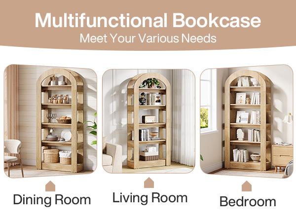 Tribe 5-Tier Bookshelf, Arch-Shaped Racks, Tall Standing Wooden Bookcase Display Shelf Modern Storage Solution Furniture Organizer