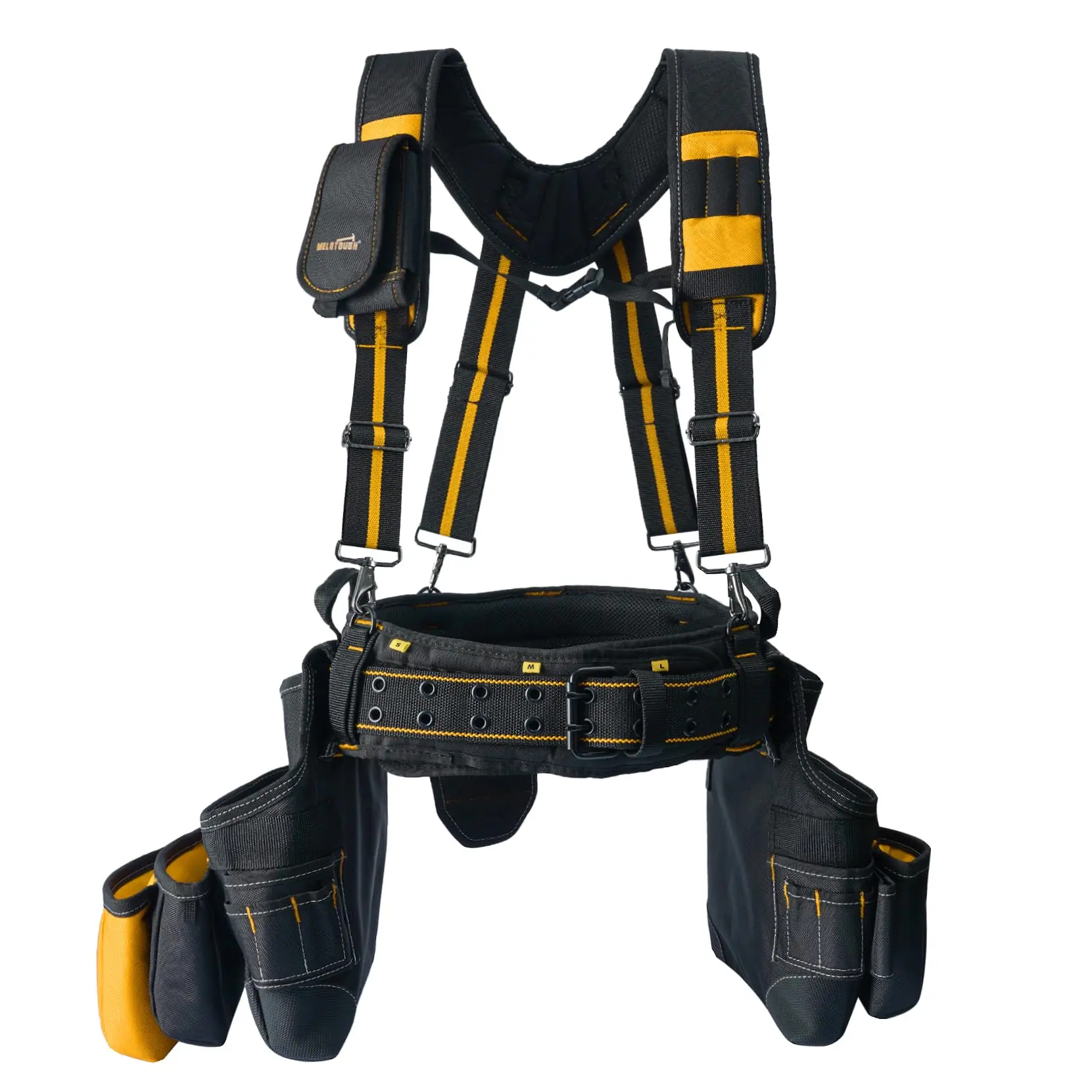 MELOTOUGH Pro Framer's Rig Combo - 28-Pocket Heavy-Duty Tool Storage Bag with Magnetic Convenient Pockets, Hammer Holder, Padded Suspenders, Construction Tool Organizer for Roofing, Plumbing Technicians (Yellow), Convenient Tool Pockets