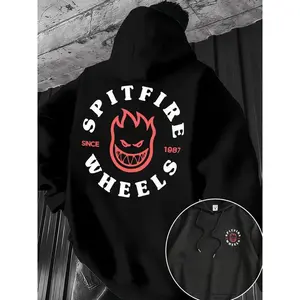Men's Spitfire Pattern Fitted Hoodie, Skate Culture Print, Kangaroo Pocket, Drawstring Cap, Casual Streetwear, All Seasons Comfort