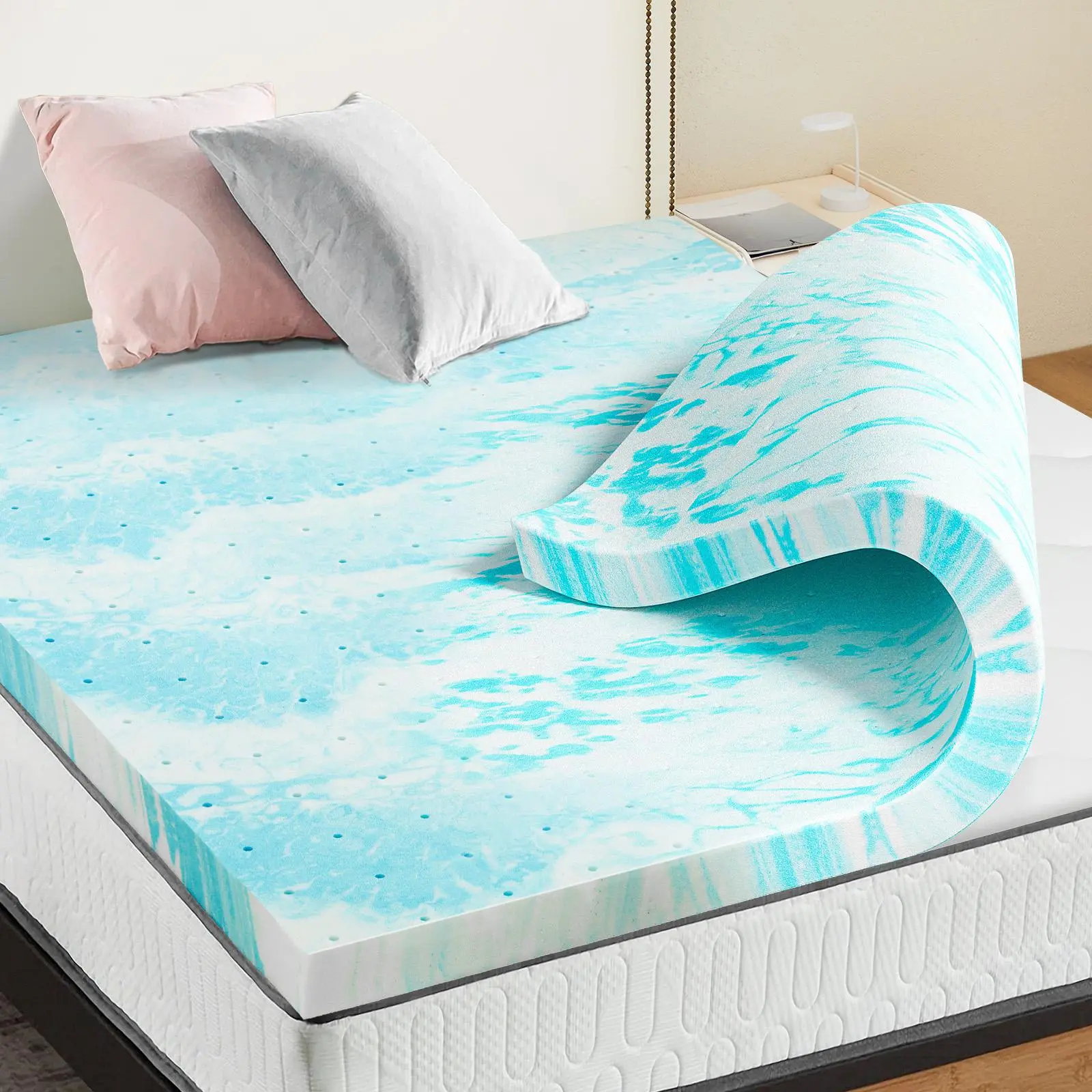 Soft Cooling Gel Swirl Infused Memory Foam Mattress Topper - Breathable Memory Foam Cushioning Bedding, Ideal Gift for Cozy Sleep