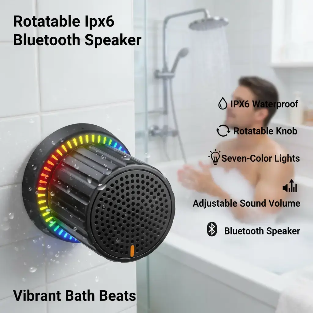 Portable Bluetooth Stereo Speaker - IPX6 Waterproof, Rotatable Knob, 7-Color Lights, Adjustable Volume, USB-C Audio Device for Bathroom, Party Use