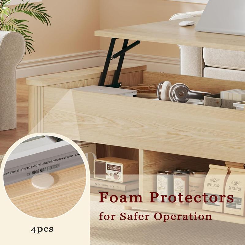 Lift Top Coffee Table with Storage, 41" Mid Century Modern Coffee Table with Fluted & Curved Profile Design, Hidden Storage Compartment, Lower Shelf Center Table for Living Room Office, Oak