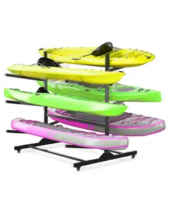 3-Tier Kayak Storage Rack for 2-6 Kayaks Freestanding Kayak Rack with Movable Wheels, Heavy-Duty Steel Kayak Hanger Holder with Hanging Straps