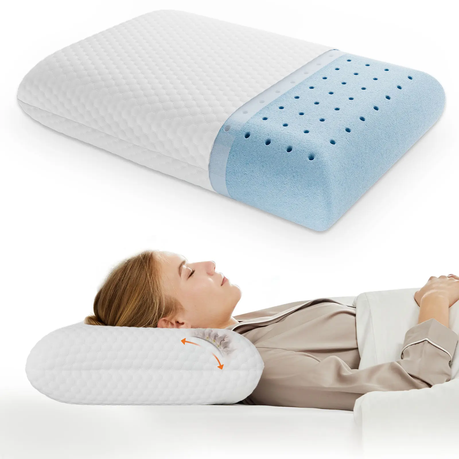 Queen Size Cooling Gel Memory Foam Pillow for Sleeping, Supportive Cervical Neck Pillow for Back and Side Sleepers with Washable Honeycomb Mesh Cover, Contoured Memory Foam