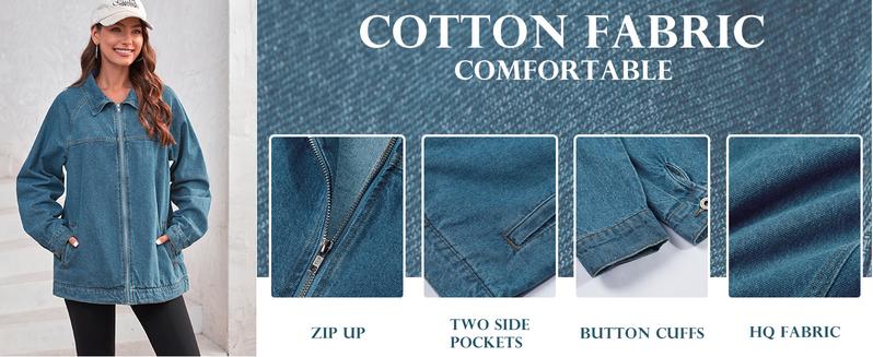 Imily Bela Womens Oversized Denim Jackets Casual Zip up Spring Long Sleeve Jean Jacket with Pocket