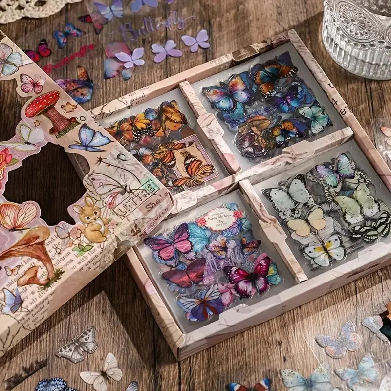 Vintage Butterfly Pattern Sticker, 100pcs/box Sticker Packs, Creative DIY Diary Label Sticker, Waterproof Decorative Sticker for Scrapbooking & Journal Making, Butterfly Stickers