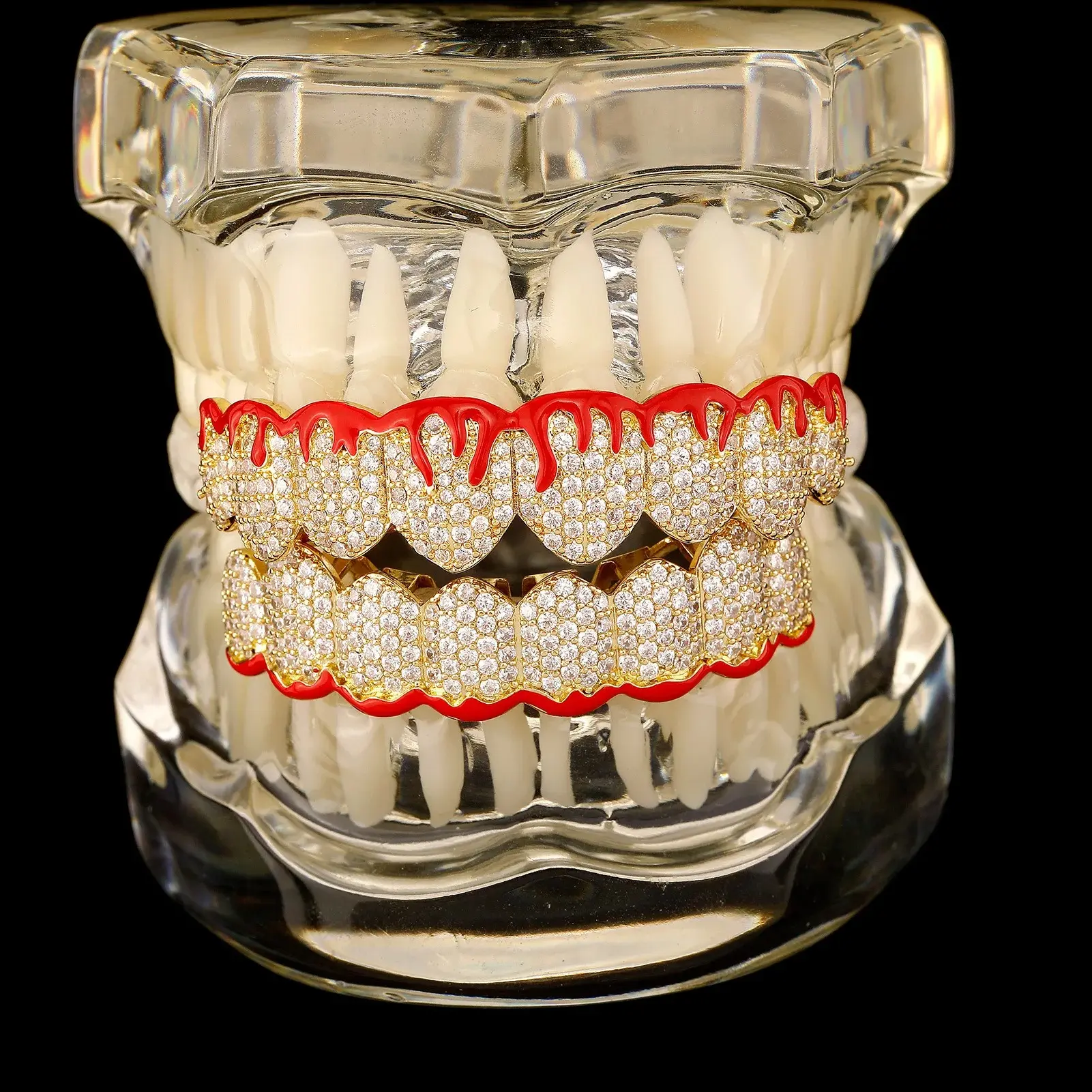 8/8 Red Flame Iced Out CZ Stone Teeth Grillz Braces Hip Hop Cubic Zircon Tooth Caps For Women Men Jewelry Gift