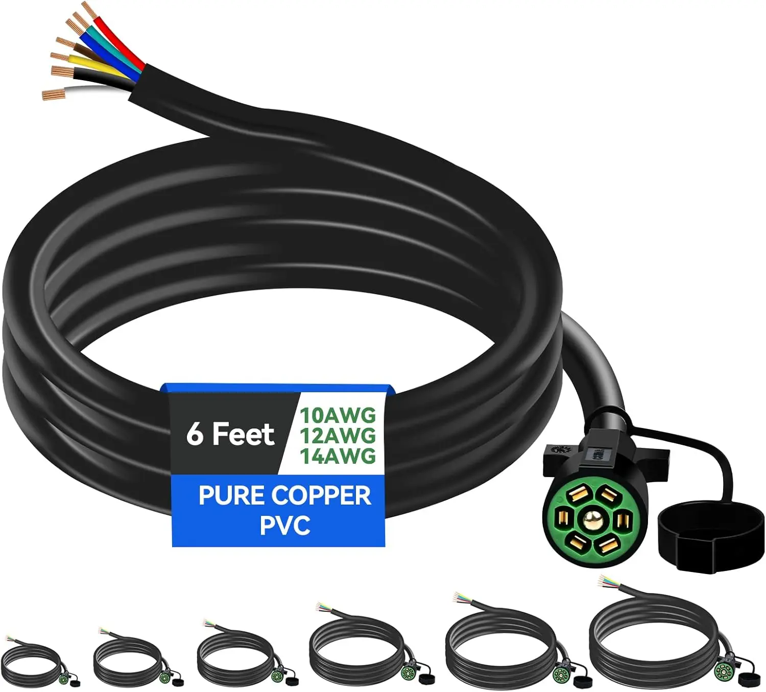 6 FT 7 Pin Trailer Plug Heavy Duty Trailer Wire Extension Pure Copper 7 Wire Trailer Wiring Harness Kit with Dust Cover 7 Way Trailer Plug Cord for RVs Trailers Campers