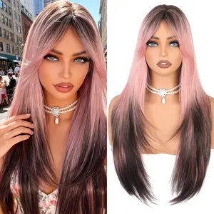 LushWig Synthetic Colored wigs Long Straight Wig with Curtain Bangs for Women Layered Synthetic High Density Heat Resistant Hair Wig for Daily Party