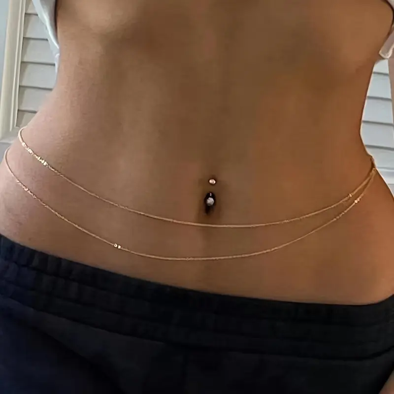 Elegant Adjustable Golden-Tone Belly Button Ring with Minimalist Chain Design - Sleek Alloy Body Jewelry for Women, Perfect for Beach Bikini Enhancement