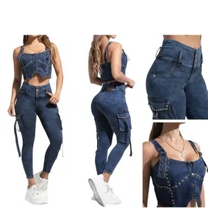 30-Denim Set Colombiano Ref: 64436 High Waist Cargo Jeans & Crop Top (2 Piece Outfit) Push Up Premium Stretch Sculpting Fit