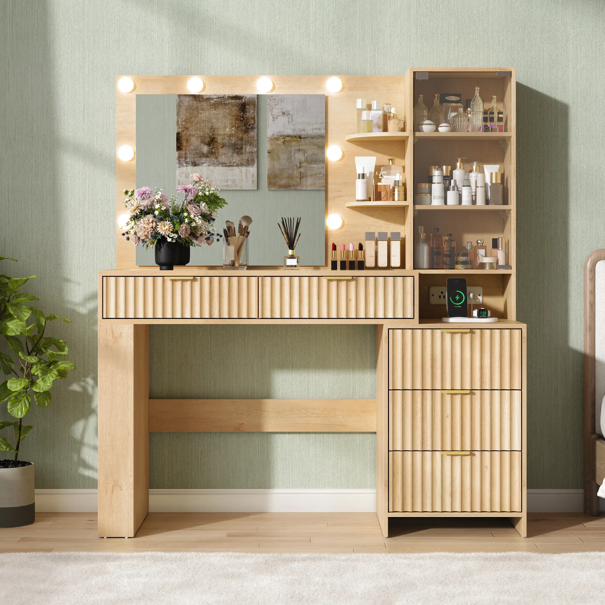 Gyfimoie 48" Fluted Makeup Vanity Desk with Mirror and Lights, Makeup Vanity Table with Power Outlet and Glass Top, Dressing Table with 5 Drawers, Adjustable Shelves