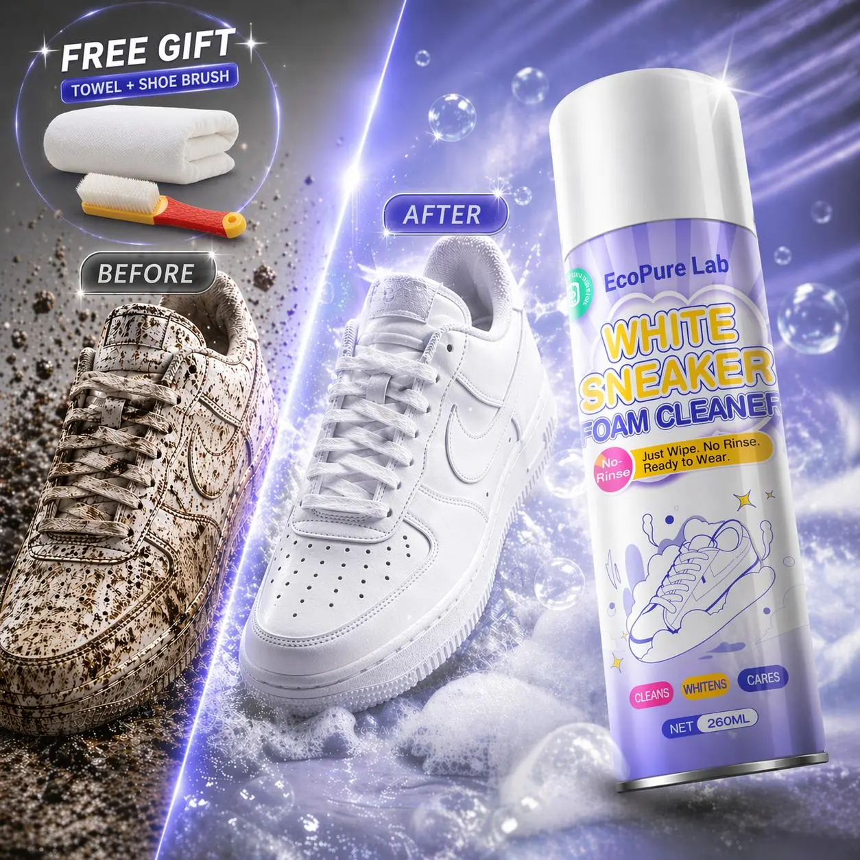 EcoPure White Shoe Cleaner Kit, Waterless Foam Cleaner for White Sneakers, Leather, Mesh, Canvas and Fabric Shoes, Shoe Cleaning Kit with Brush and Towel for Daily Shoe Care and Maintenance
