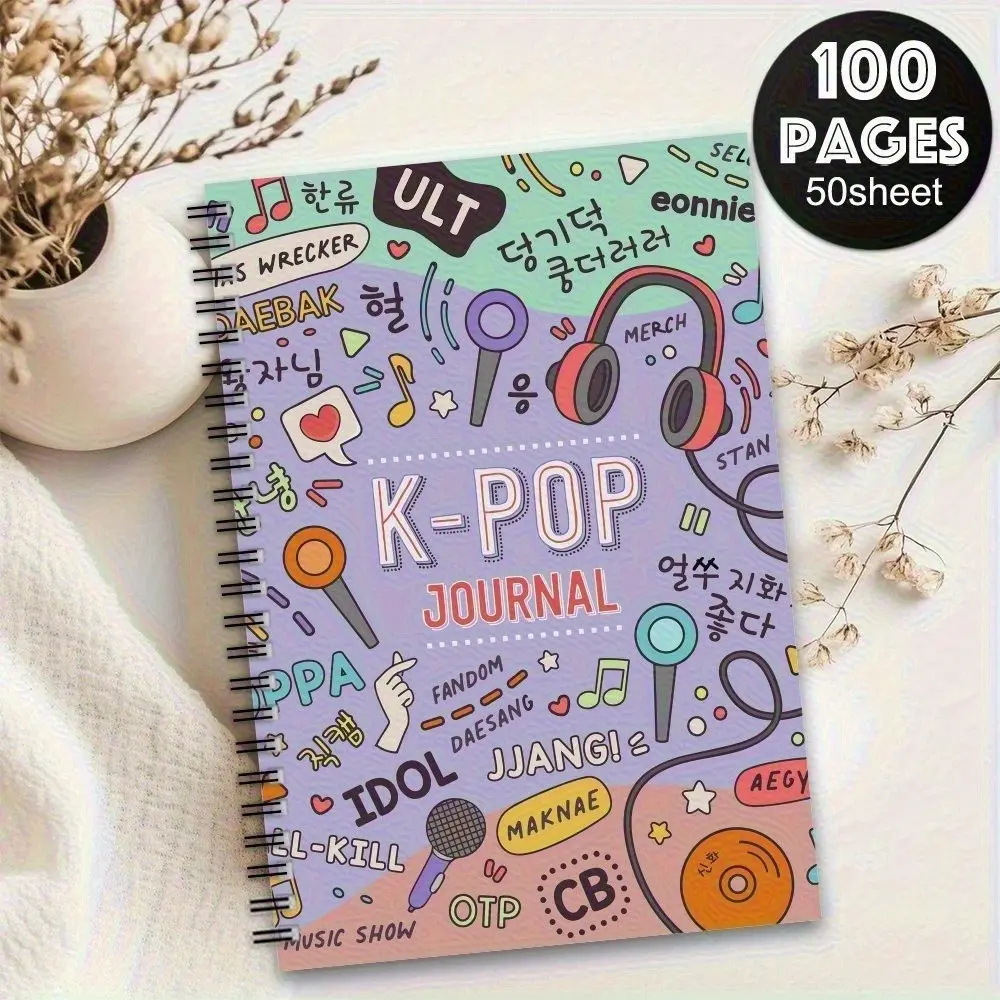 K-Pop Spiral Notebook with Vibrant Korean Drama Design, Music Elements, Earphone Motifs, Perfect for Travel Work School, Ideal Gift for Kpop Fans, Vibrant Artwork, Travel Diary Notebook