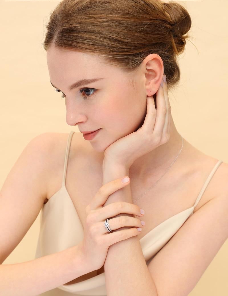 EAMTI 1.25CT 925 Sterling Silver Bridal Ring Sets Round Cubic Zirconia wedding bands for Women