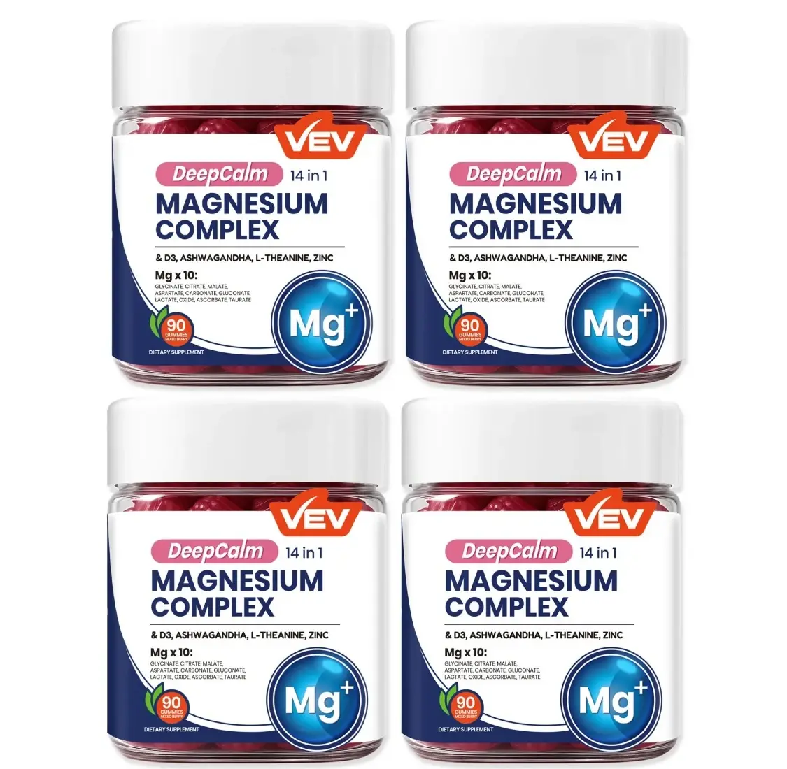 VEV DeepCalm 14-in-1 Magnesium Gummies Complex - Magnesium Glycinate, D3, Ashwagandha, L-theanine, Zinc - 90 Count, Vegan, No Sugar, Anxiety Relief, Calm & Sleep Support, Emotional Regulation Blended Vitamins & Minerals Supplements, Anxiety Relief Blende