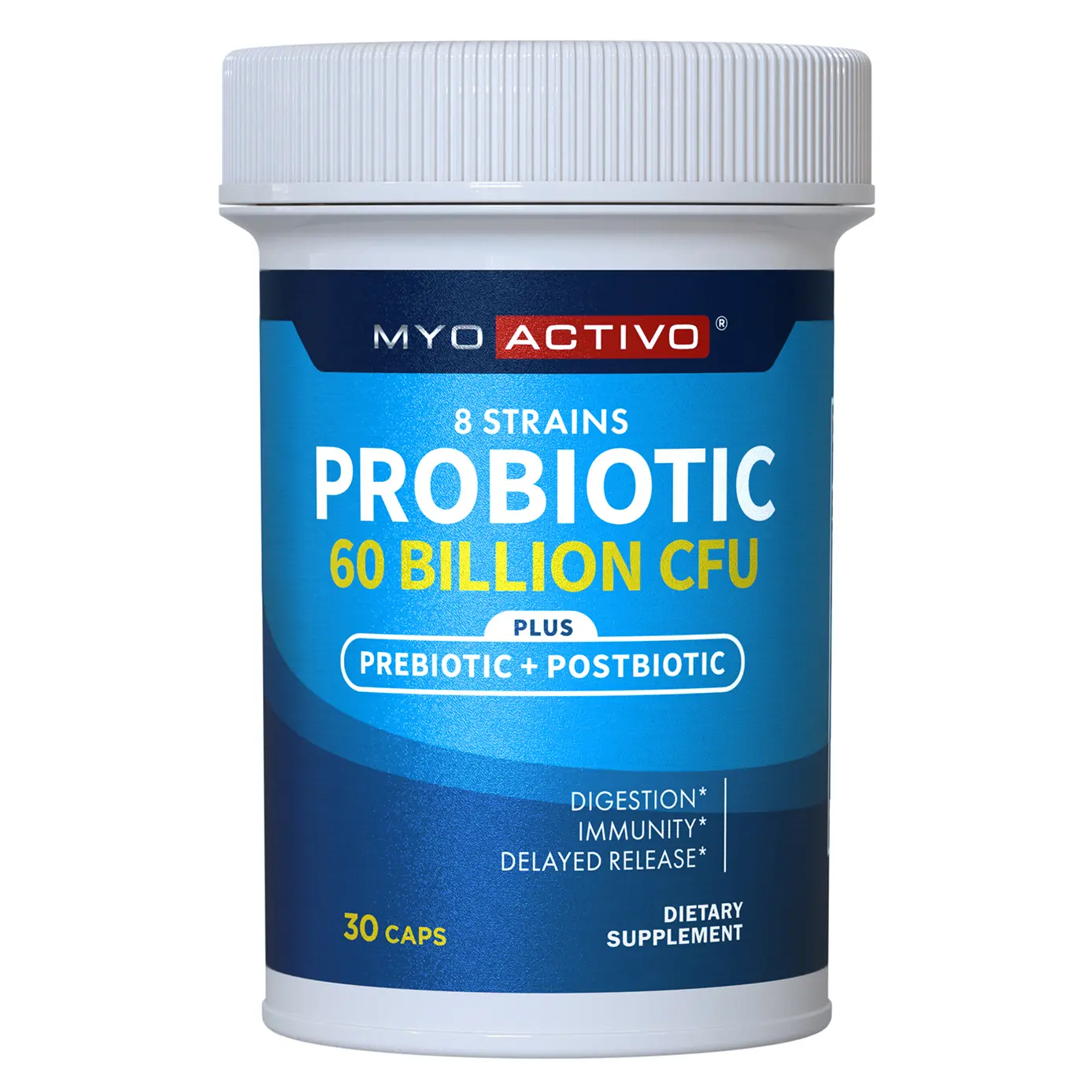 MyoActivo 60 Billion CFU Probiotic - Unique Tri-Blend w/ 8 Probiotic Strains, Prebiotics & Postbiotics - For Digestive & Immune Support - Delayed Release - Shelf Stable - Non-GMO, Gluten Free Healthcare Dietary Edible Supplement Fitness Bathroom