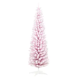HOMCOM 7' Snow Flocked Artificial Pencil Christmas Tree, Slim Xmas Tree with Realistic Branches and Plastic Base Stand for Indoor Decoration, Pink