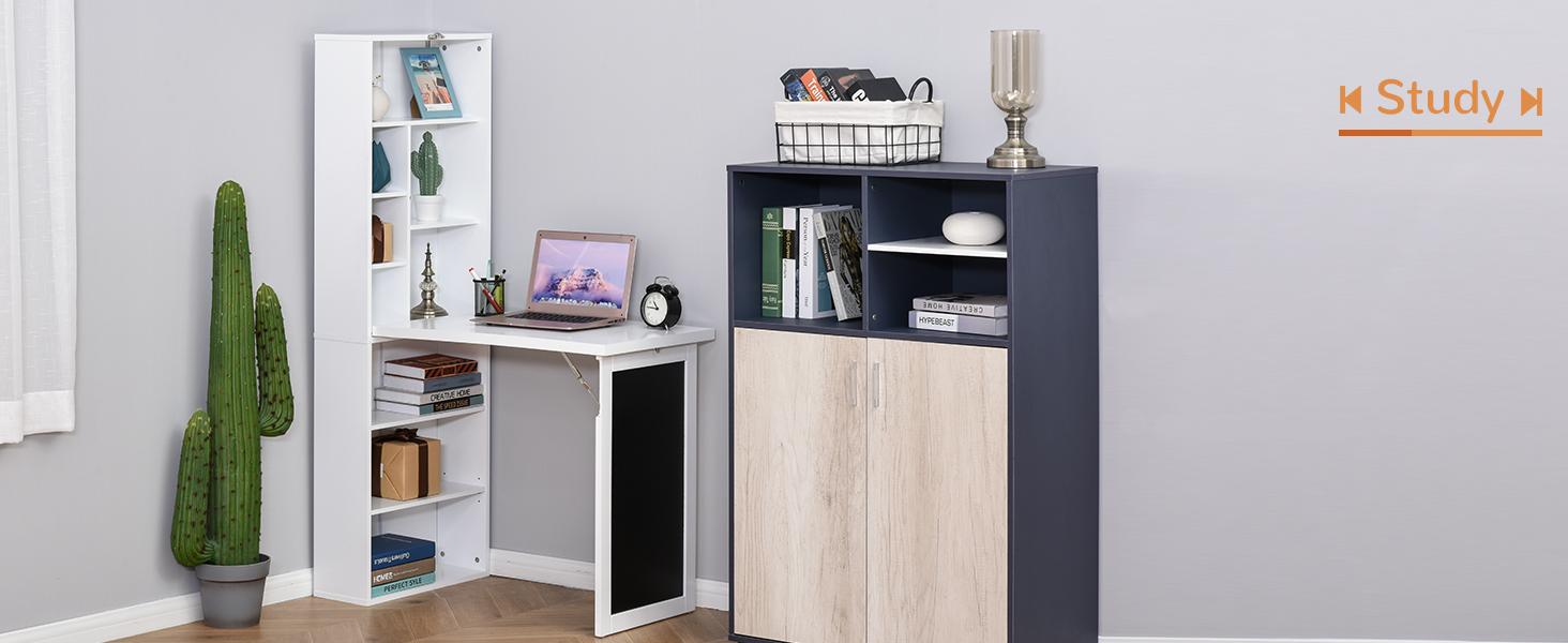 HOMCOM Fold-out Convertible Writing Table Wall Mount Desk Cabinet with Blackboard and Side Shelf Multi-Function Home Office Workstation