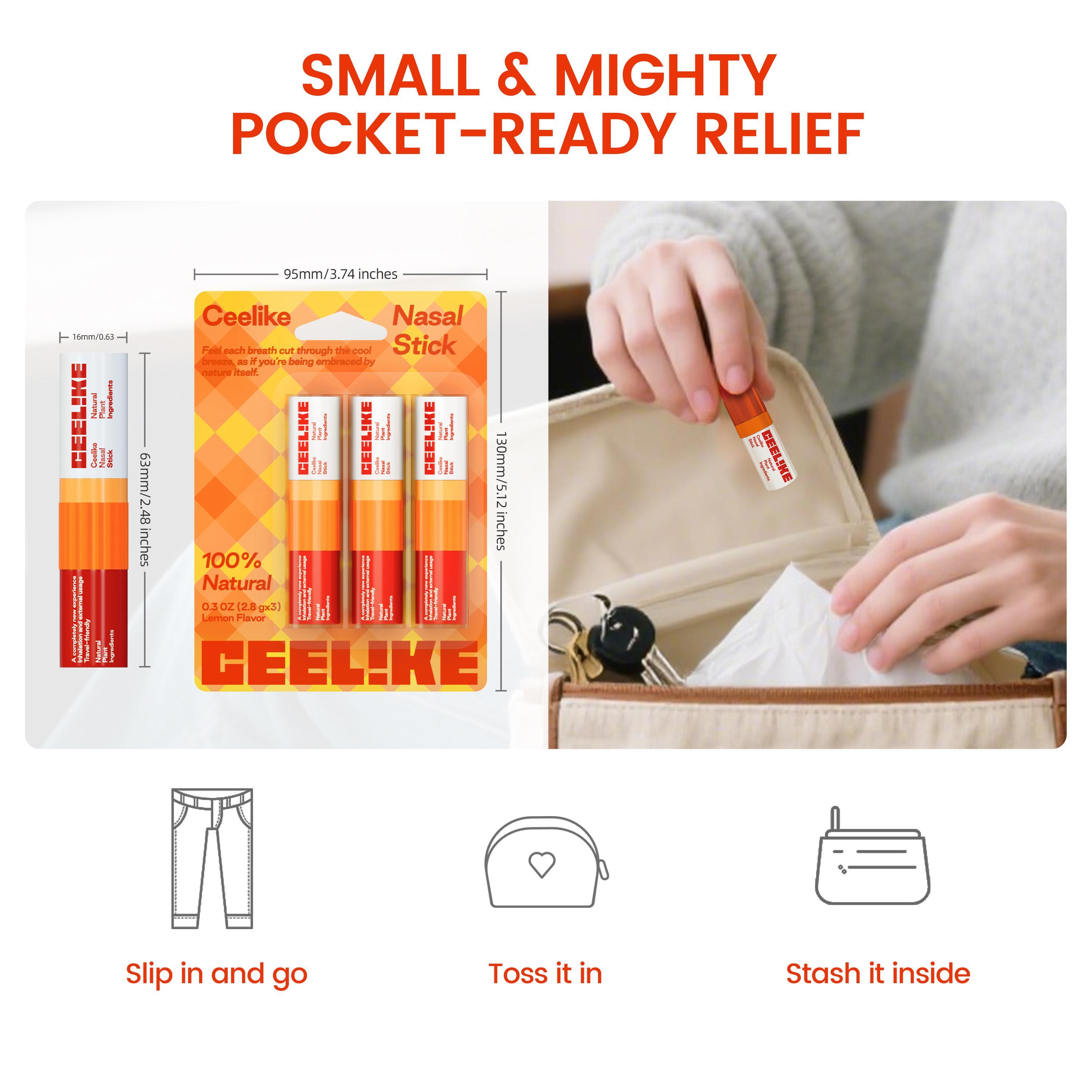 Ceelike Nasal Stick | Mint & Lemon Flavors | Natural Refreshing Vapors | Cool & Invigorating Sensation |  Natural Ingredients | Essential Oils + Menthol | 0.3 Oz Each, Pack of 3 | Convenient On-the-Go Use