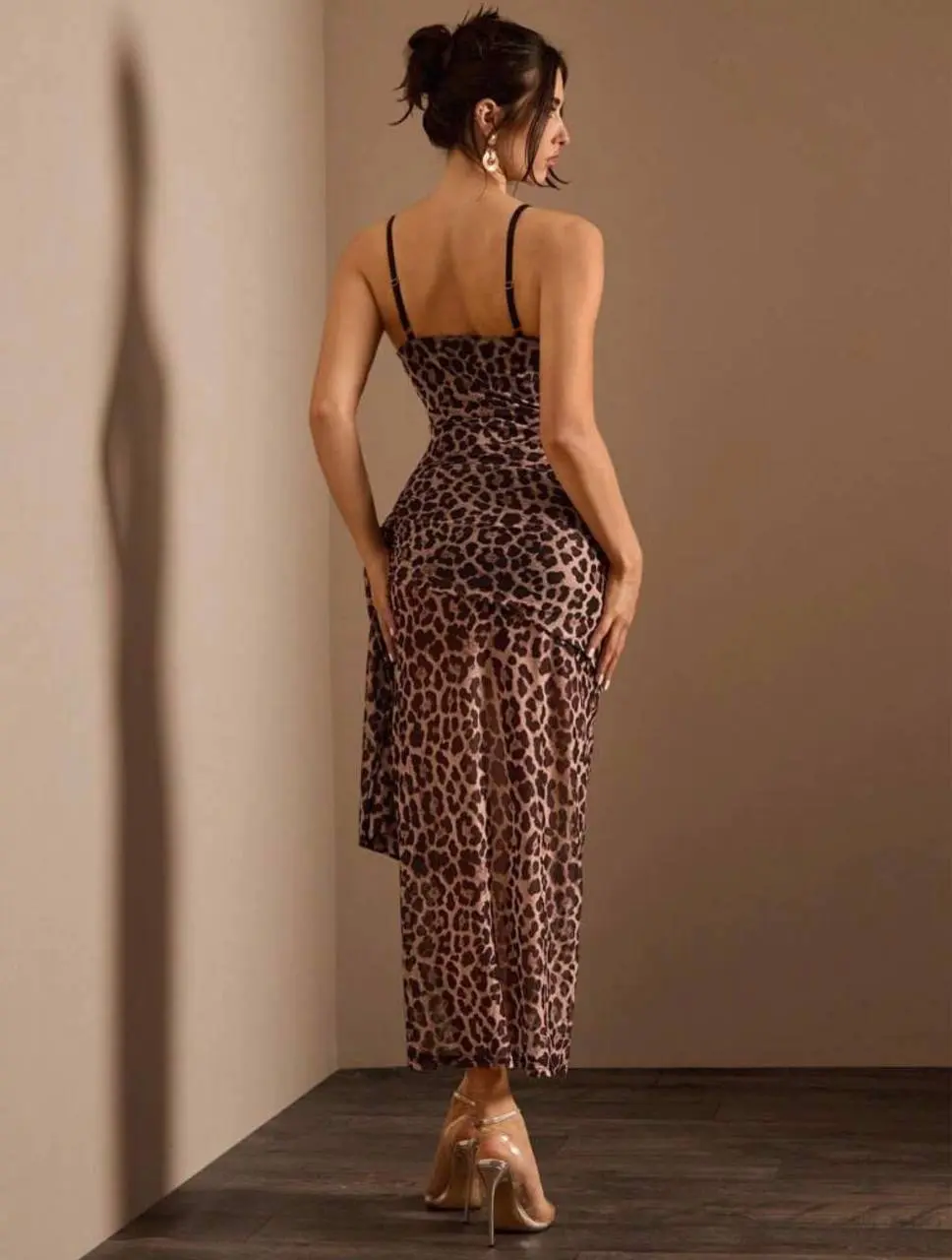 Elegant Lace & Leopard Print Asymmetric Waist See-Through Fish Bone Crinkle  Detail One-Sided Strap Long Dress For Women Maxi Women Outfit - TikTok Shop