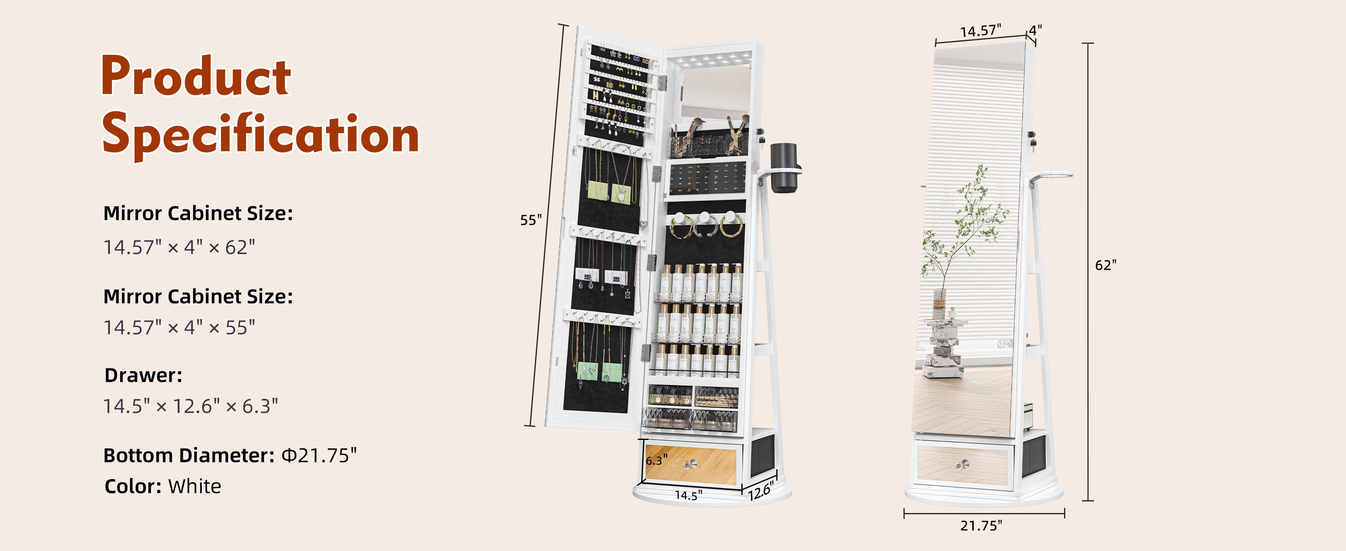 [Valentine's Day gift]LHBCRAFT 360° Swivel Jewelry Cabinet with LED Light, mirror cabinet, jewelry armoire, Mirror with Storage, Standing Jewelry Armoire Organizer gift idea