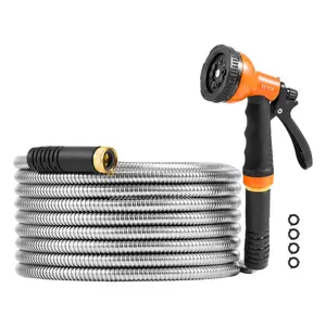【FathersDayGift】VEVOR Metal Garden Hose 25 ft,  , Rust Proof Stainless Steel Water Hose, Heavy Duty Backyard Hose with 10 Function Nozzle, No-Kink & Flexible Water Pipe, Lightweight Metal Hose for Yard, Outdoor