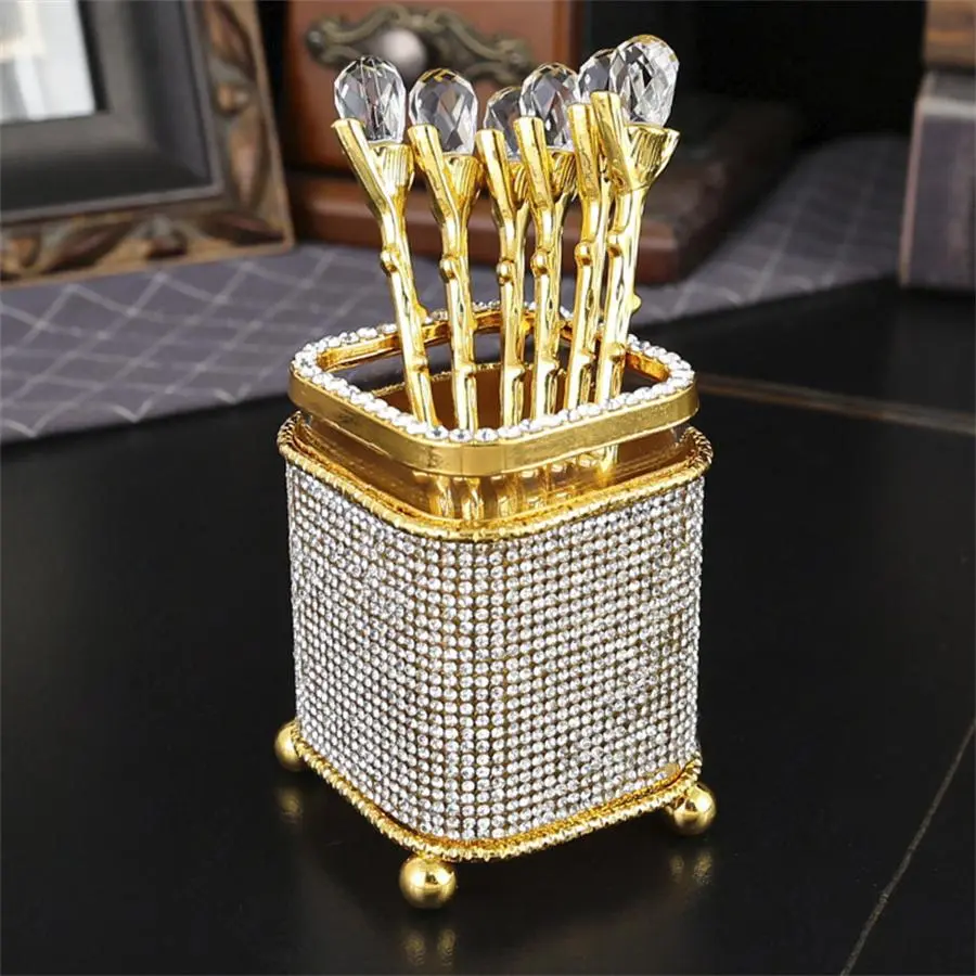 Rhinestone Decor Coffee Spoon Set with Storage Box, 6 Counts/set Exquisite Coffee Spoon, Dessert Spoon, Cake Spoon, Tableware Set for Home Kitchen, Culinary Cutlery, Utensils, Spoons Set