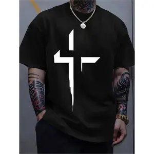 Men's Casual Cotton Tshirt with Bold Cross Print Crew Neck Slight Stretch Regular Fit Summer Short Sleeve Top