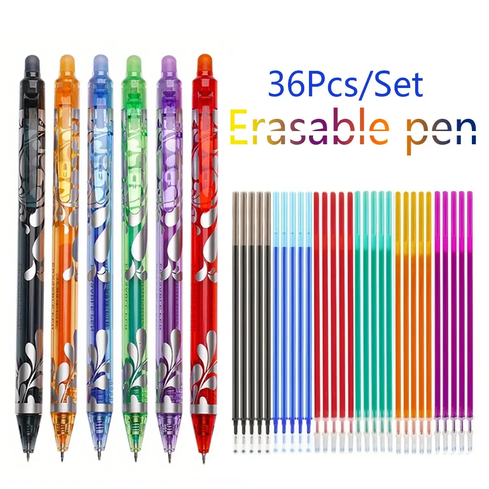 36 pieces of color magic erasable pens With Eraser, Aesthetic Pens, press neutral pen set, 6-color pen core, washable handle, Writing Stationery, office supplies, stationery