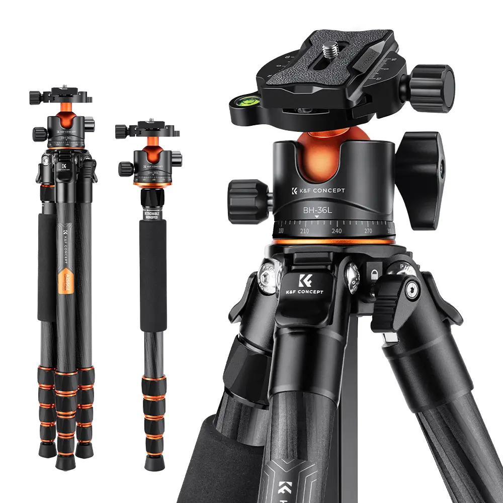 K&F CONCEPT 62" Carbon Fiber Camera Tripod,Portable Compact Tripods with Detachable Monopod,360° Metal Ball Head 33lbs Load Capacity with Quick Release Plate for Travel and Work A255C2+BH-35L
