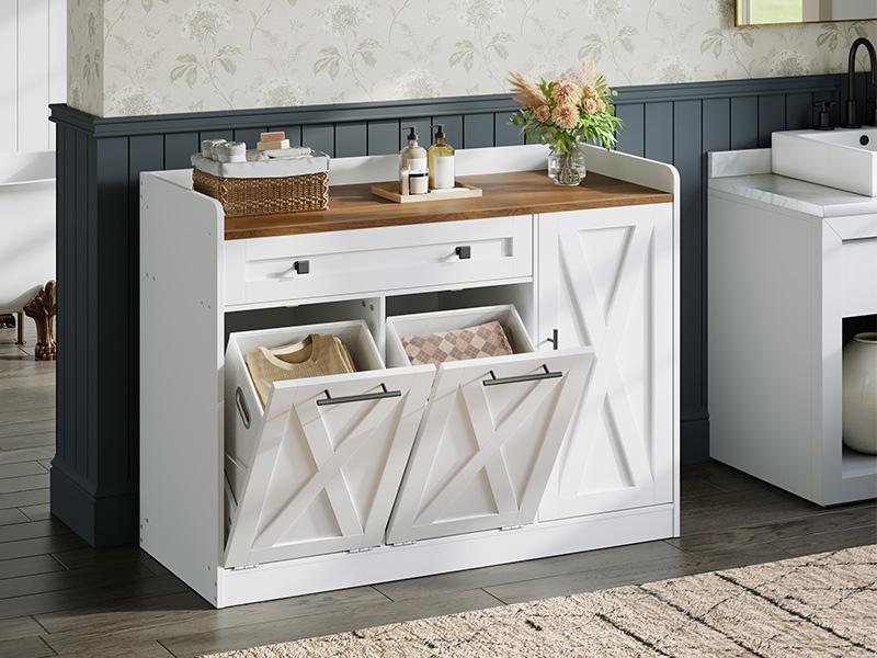 HOOBRO Double Tilt Out Laundry Hamper Cabinet, 24 Gallon Hidden Laundry Cabinet with Drawer & 2 Baskets, Farmhouse Trash Can Cabinet with Storage for Bathroom, Kitchen, White and Walnut