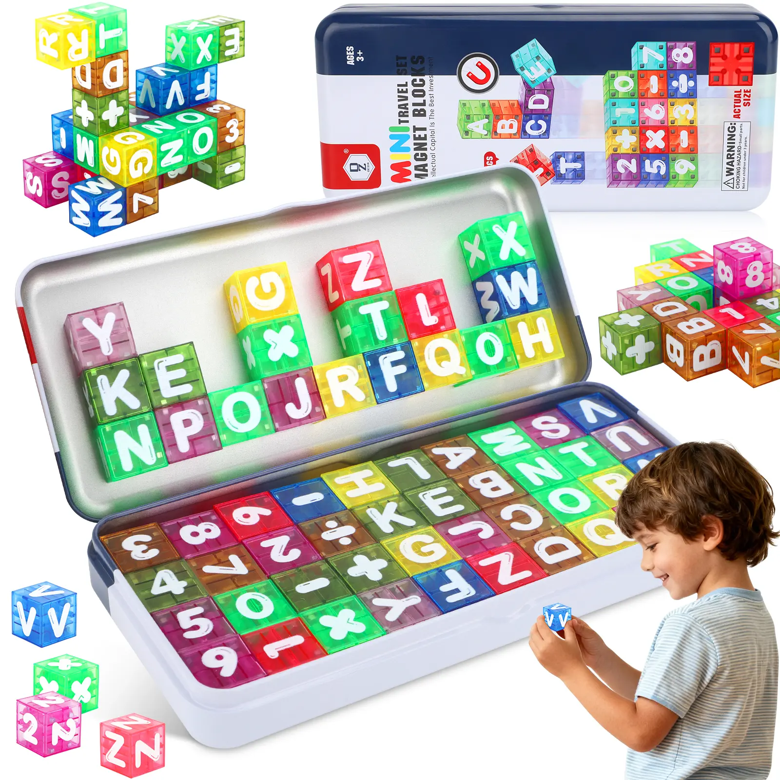 Magnetic Building Blocks Travel Toys for Kids Ages 4-8, Kids Magnetic Cubes STEM Learning Set with Iron Storage Box 40 Letters & Numbers Blocks– Portable #SummerVibesConstruction Toys for Boys Girls 3-5