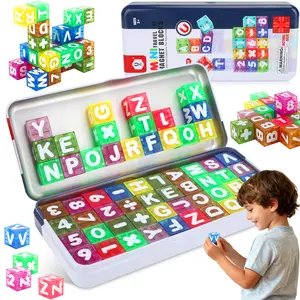 Magnetic Building Blocks Travel Toys for Kids Ages 4-8, Kids Magnetic Cubes STEM Learning Set with Iron Storage Box 40 Letters & Numbers Blocks– Portable Construction Toys for Boys Girls 3-5