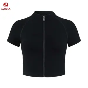 AUROLA Power Short Sleeve Zippy Ribbed Active Shirt for Women, Seamless Longline Workout T‑Shirt Athletic Yoga Zip Up Top