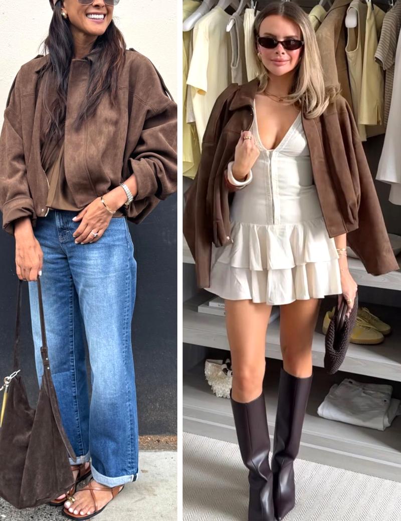 HVEWARM Women's Faux Suede Bomber Jacket Fall Winter Lapel Pilot Coat Casual Oversized Long Sleeves Zip Up Trendy Streetwear Outerwear Soft Luxe Look Classic Trendy Twist